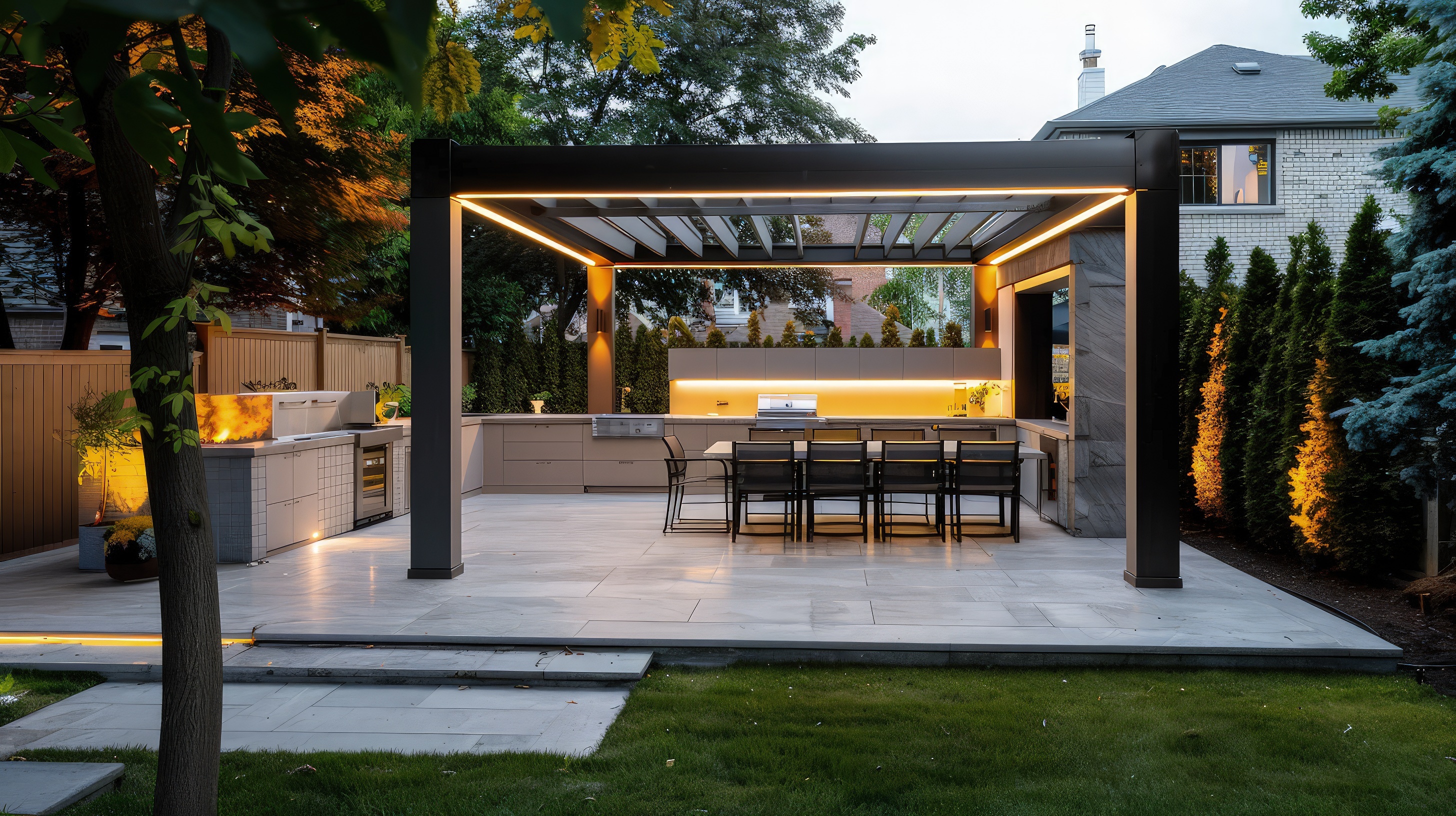 modern pergola at dusk with built in lights